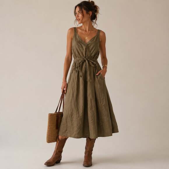Eileen Fisher Dresses & Skirts - Eileen Fisher Olivine Satin Faux Wrap Midi Dress Quiet Luxury Old Money 10